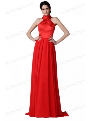 Empire Halter Top Ruching Red Chiffon Prom Dress