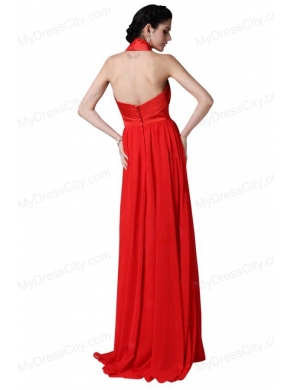 Empire Halter Top Ruching Red Chiffon Prom Dress