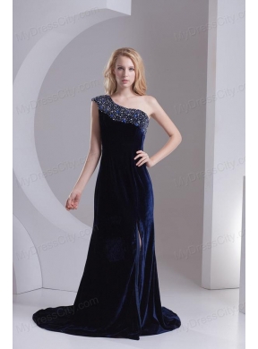 Empire One Shoulder Black Beading Zipper-up Prom Dress