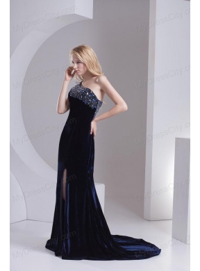 Empire One Shoulder Black Beading Zipper-up Prom Dress