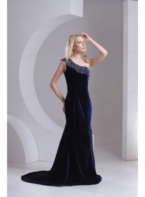 Empire One Shoulder Black Beading Zipper-up Prom Dress