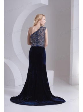 Empire One Shoulder Black Beading Zipper-up Prom Dress