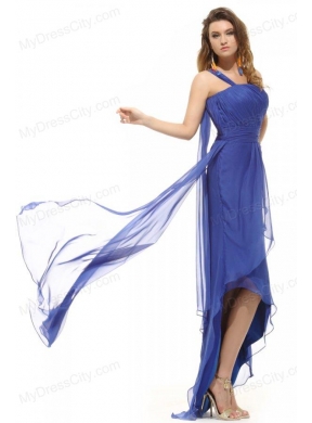 Empire One Shoulder Blue Asymmetrical Ruching Prom Dress