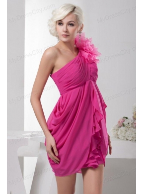 Empire One Shoulder Empire Hot Pink Chiffon Mini-length Prom Dress