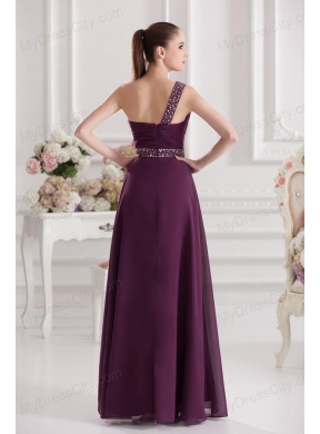 Empire One Shoulder Floor-length Beading Ruching Purple Prom Dress