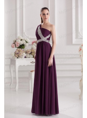 Empire One Shoulder Floor-length Beading Ruching Purple Prom Dress