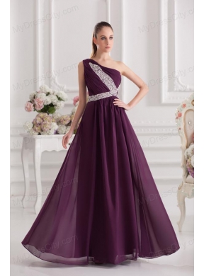 Empire One Shoulder Floor-length Beading Ruching Purple Prom Dress