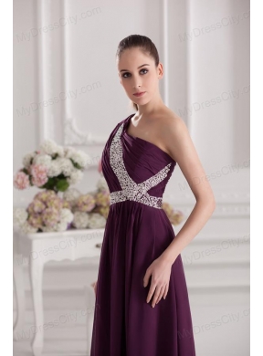 Empire One Shoulder Floor-length Beading Ruching Purple Prom Dress