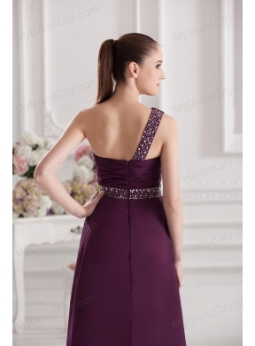 Empire One Shoulder Floor-length Beading Ruching Purple Prom Dress