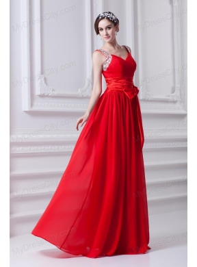 Empire Red Straps Chiffon Prom Dress with Beading and Bowknot