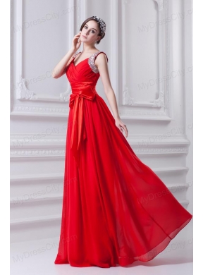 Empire Red Straps Chiffon Prom Dress with Beading and Bowknot