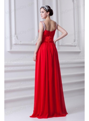 Empire Red Straps Chiffon Prom Dress with Beading and Bowknot