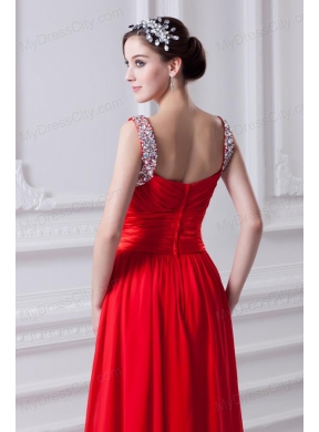 Empire Red Straps Chiffon Prom Dress with Beading and Bowknot