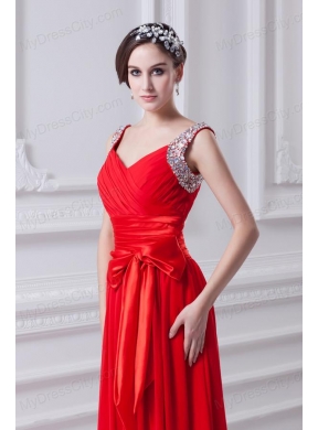 Empire Red Straps Chiffon Prom Dress with Beading and Bowknot