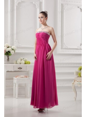 Empire Strapless Ankle-length Beading Chiffon Hot Pink Prom Dress