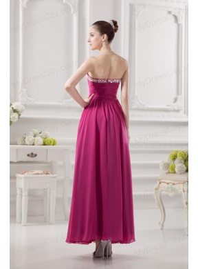 Empire Strapless Ankle-length Beading Chiffon Hot Pink Prom Dress