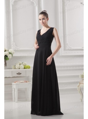 Empire V-neck Floor-length Ruching Black Prom Dress