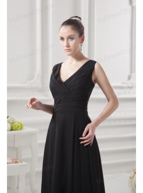 Empire V-neck Floor-length Ruching Black Prom Dress