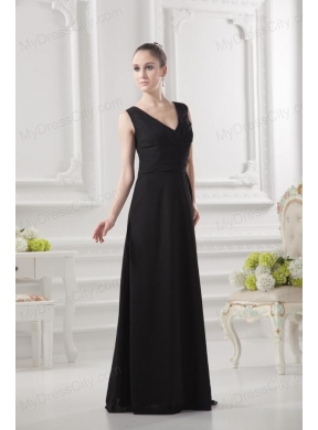 Empire V-neck Floor-length Ruching Black Prom Dress