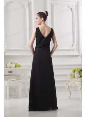 Empire V-neck Floor-length Ruching Black Prom Dress