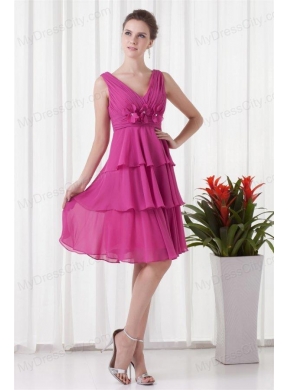 Empire V-neck Knee-length Fuchsia Chiffon Ruching Prom Dress