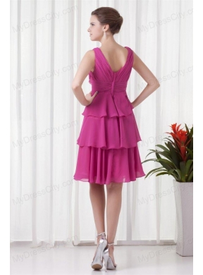 Empire V-neck Knee-length Fuchsia Chiffon Ruching Prom Dress