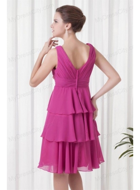 Empire V-neck Knee-length Fuchsia Chiffon Ruching Prom Dress