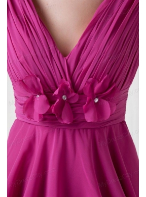 Empire V-neck Knee-length Fuchsia Chiffon Ruching Prom Dress