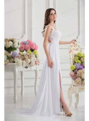 Empire White One Shoulder High Slit Brush Train Chiffon Prom Dress