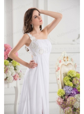 Empire White One Shoulder High Slit Brush Train Chiffon Prom Dress