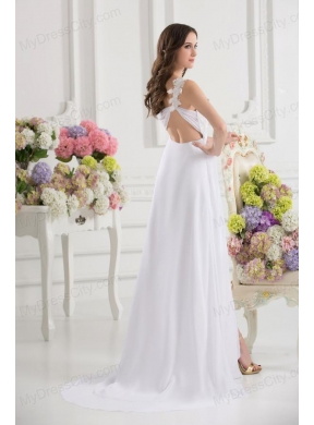 Empire White One Shoulder High Slit Brush Train Chiffon Prom Dress