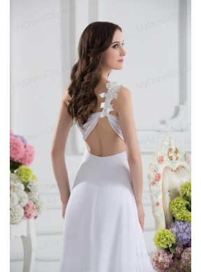 Empire White One Shoulder High Slit Brush Train Chiffon Prom Dress