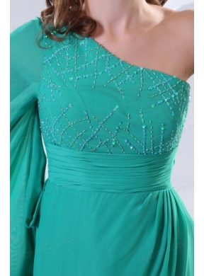 Green One Shoulder Long Sleeve Beaded Decorate Prom Dress for 2014