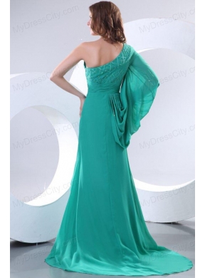 Green One Shoulder Long Sleeve Beaded Decorate Prom Dress for 2014