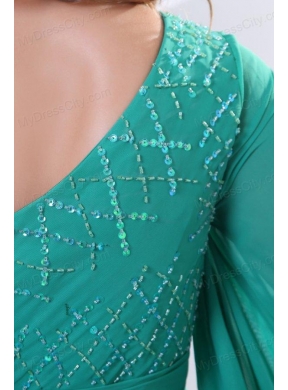 Green One Shoulder Long Sleeve Beaded Decorate Prom Dress for 2014