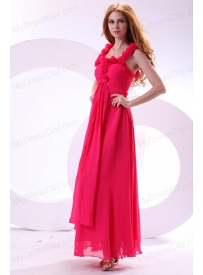 Hot Pink Empire Straps Ankle-length Ruching Chiffon Prom Dress