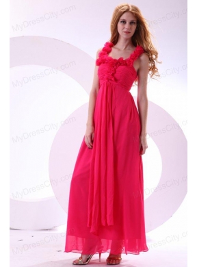 Hot Pink Empire Straps Ankle-length Ruching Chiffon Prom Dress