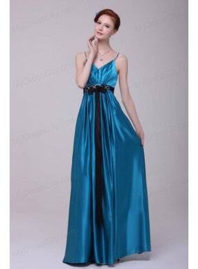 Informal Empire Straps Floor-length Elastic Woven Satin Teal Prom Dress with Beading