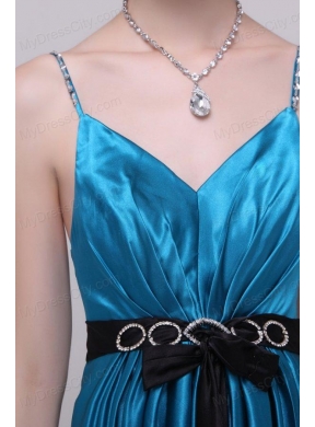 Informal Empire Straps Floor-length Elastic Woven Satin Teal Prom Dress with Beading