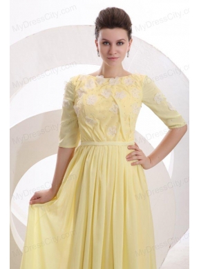 Light Yellow Empire Bateau Appliques with Beading Short Sleeves Prom Dress