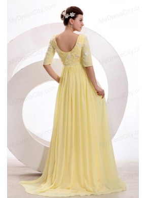 Light Yellow Empire Bateau Appliques with Beading Short Sleeves Prom Dress