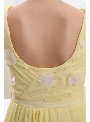 Light Yellow Empire Bateau Appliques with Beading Short Sleeves Prom Dress