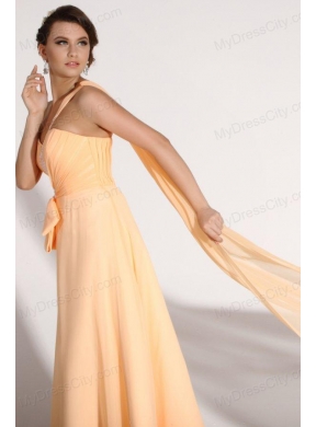 Light Yellow One Shoulder Appliques Chiffon Prom Dress