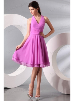 Lilac Halter Top Ruching Knee-length Chiffon Prom Dress