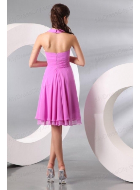 Lilac Halter Top Ruching Knee-length Chiffon Prom Dress