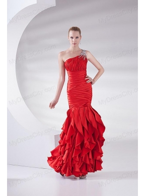 Mermaid Wine Red One Shoulder Beading Ruching Ruffles Long Prom Dress