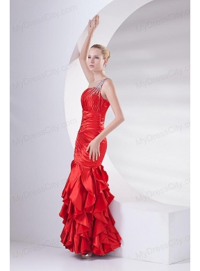 Mermaid Wine Red One Shoulder Beading Ruching Ruffles Long Prom Dress