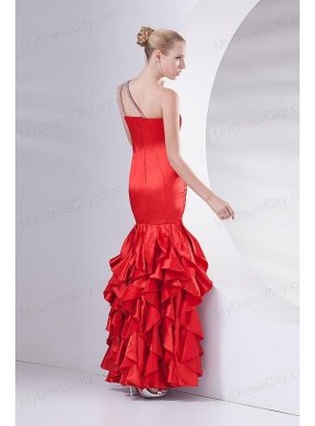 Mermaid Wine Red One Shoulder Beading Ruching Ruffles Long Prom Dress