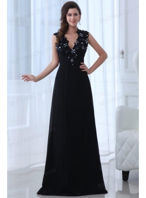 Navy Blue Empire V-neck Floor-length Appliques Chiffon Prom Dress with Open Back