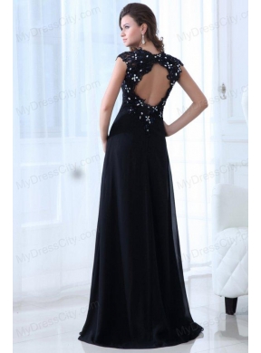 Navy Blue Empire V-neck Floor-length Appliques Chiffon Prom Dress with Open Back